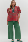 Plaid Pattern Cuff Band Short Sleeve Top Curvy Fit
