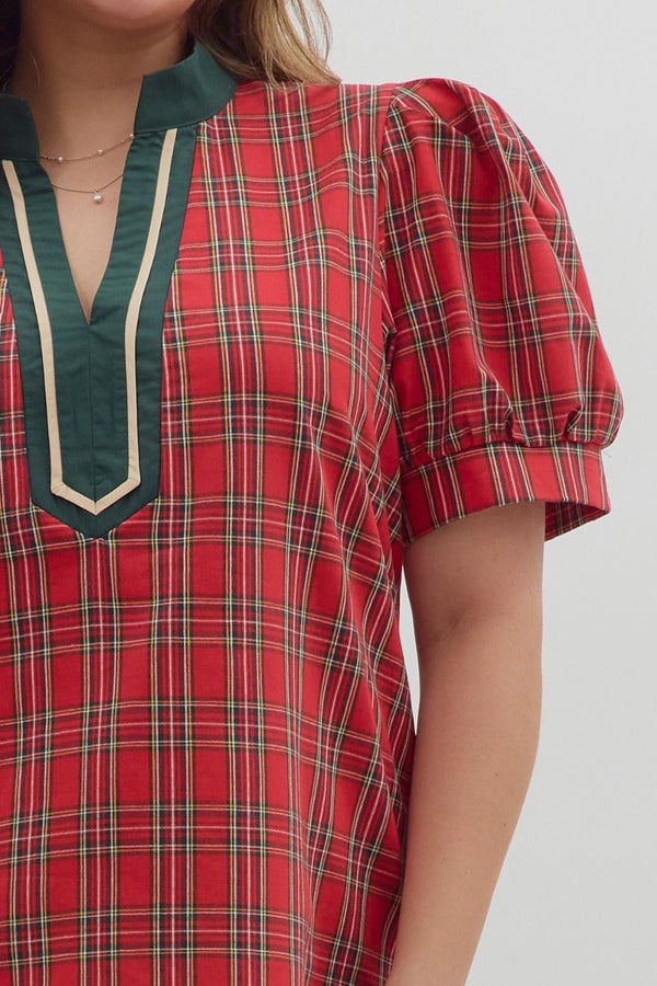 Plaid Pattern Cuff Band Short Sleeve Top Curvy Fit