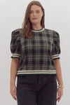 Plaid Pattern Short Puff Sleeve Crewneck Pullover Top Curvy Fit