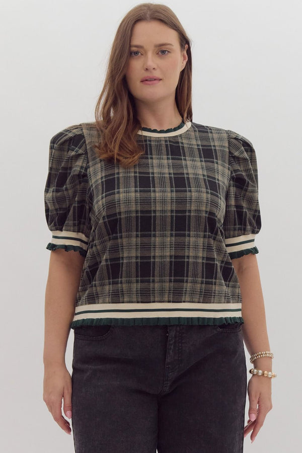 Plaid Pattern Short Puff Sleeve Crewneck Pullover Top Curvy Fit