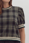 Plaid Pattern Short Puff Sleeve Crewneck Pullover Top Curvy Fit