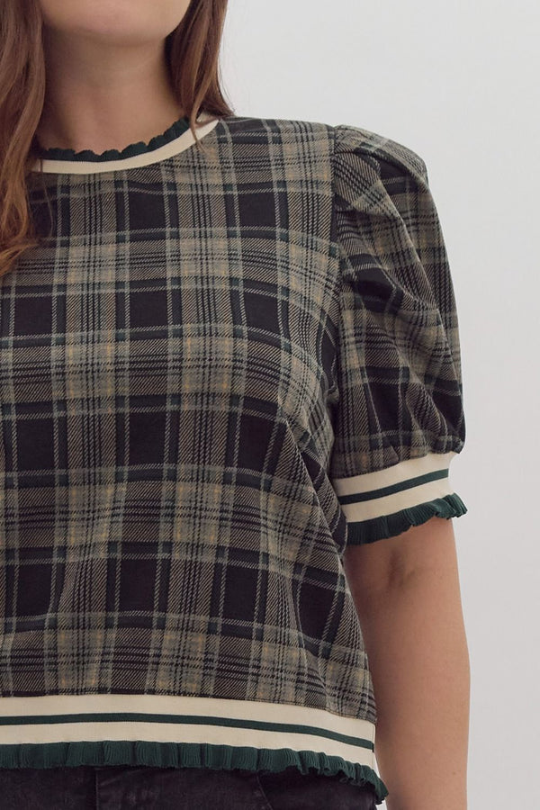 Plaid Pattern Short Puff Sleeve Crewneck Pullover Top Curvy Fit