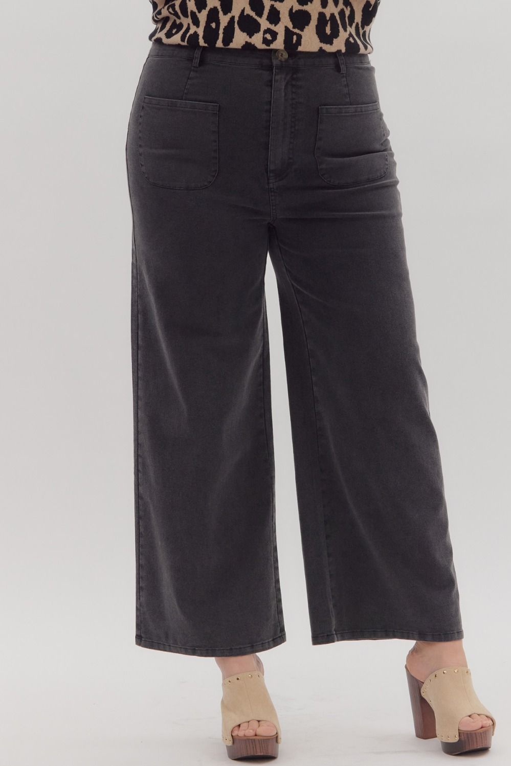 Solid High Waisted Wide Leg Ankle Length Pants Black Curvy Fit