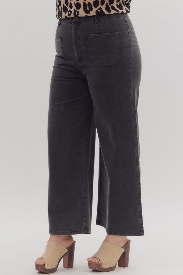 Solid High Waisted Wide Leg Ankle Length Pants Black Curvy Fit