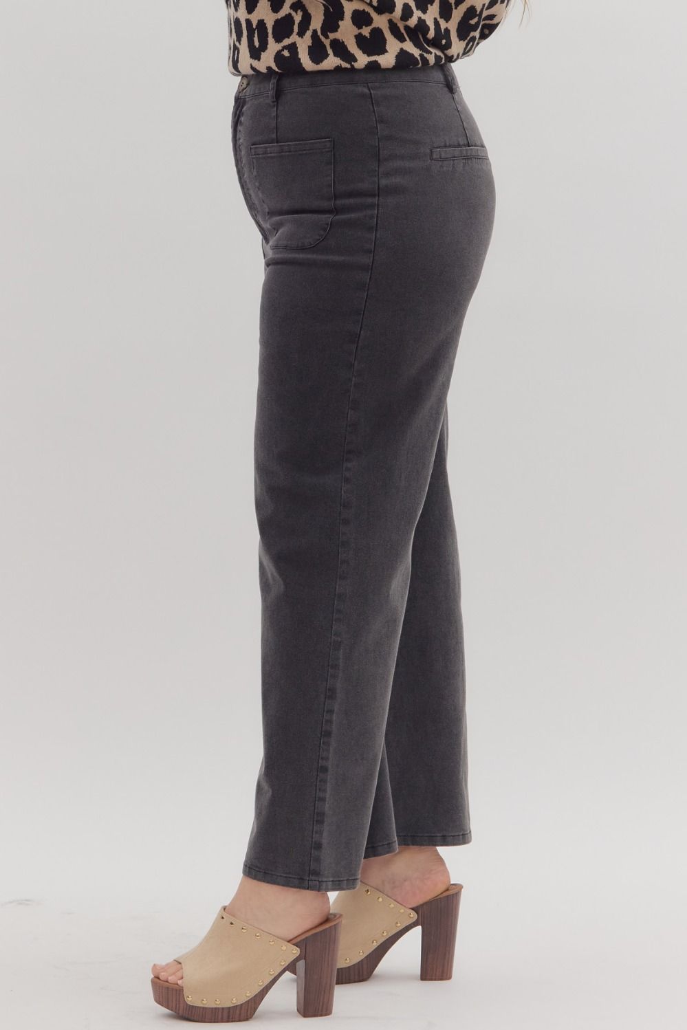 Solid High Waisted Wide Leg Ankle Length Pants Black Curvy Fit