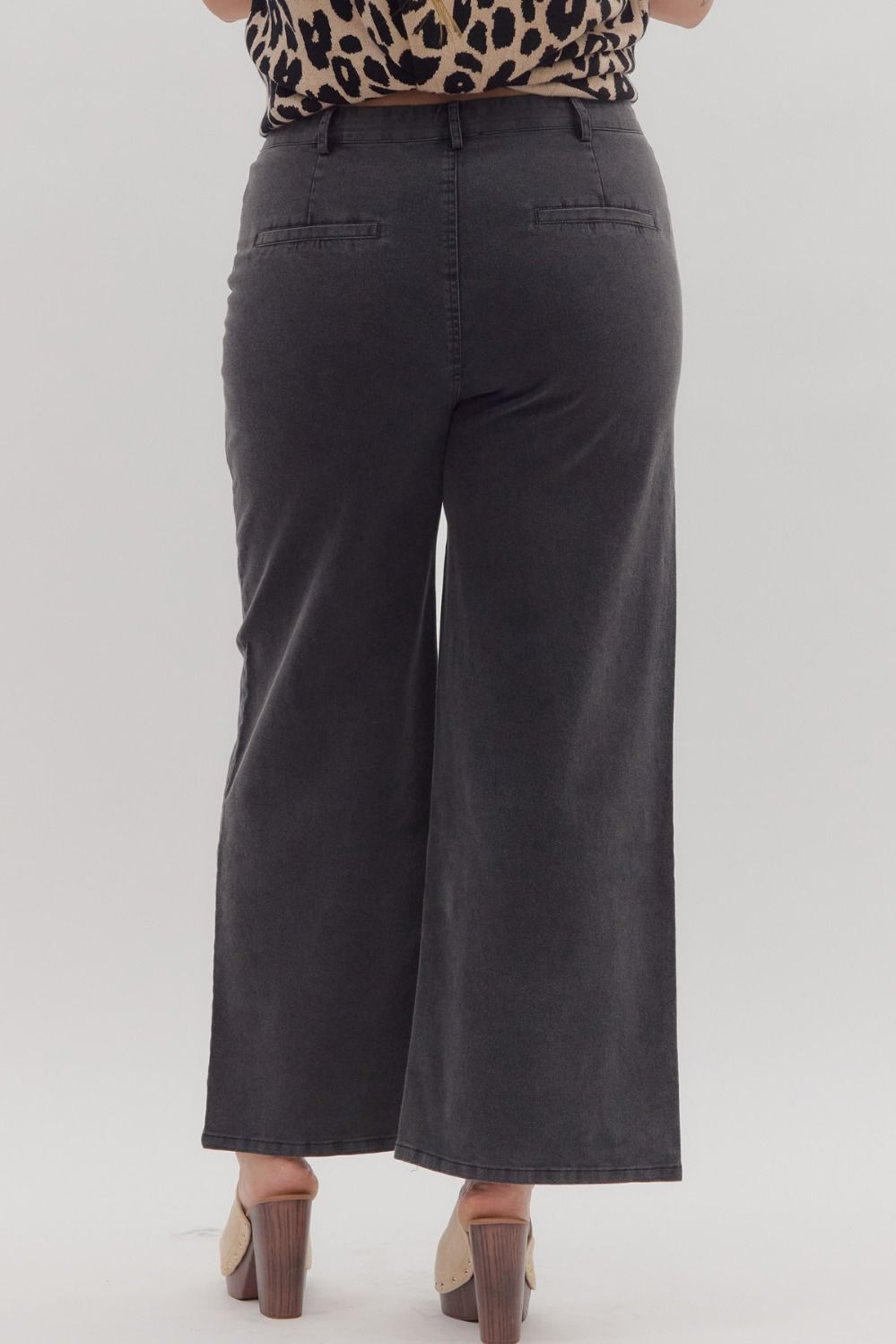 Solid High Waisted Wide Leg Ankle Length Pants Black Curvy Fit