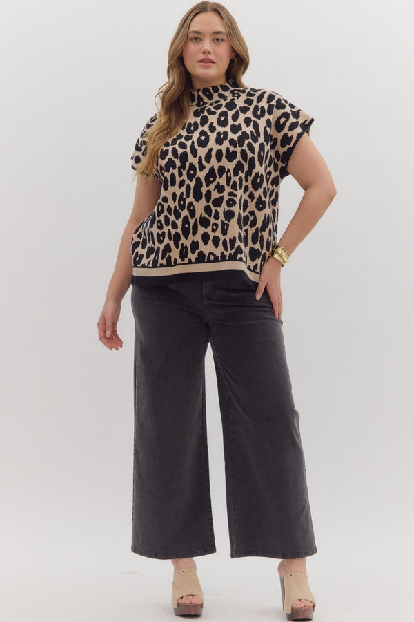 Solid High Waisted Wide Leg Ankle Length Pants Black Curvy Fit