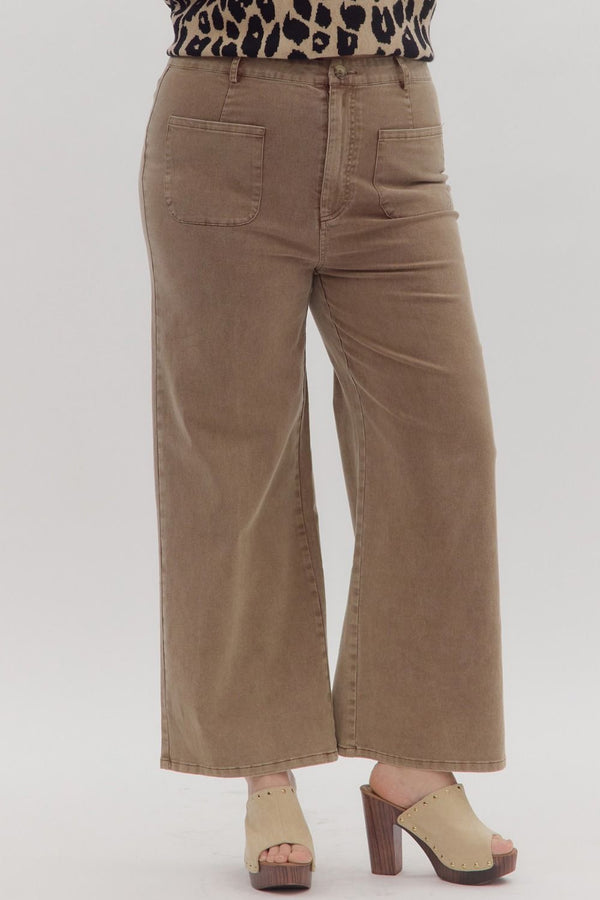 Solid High Waisted Wide Leg Ankle Length Pants Brown Curvy Fit