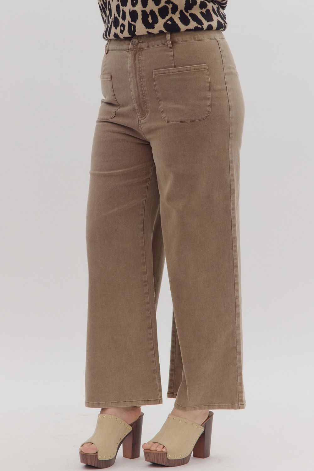 Solid High Waisted Wide Leg Ankle Length Pants Brown Curvy Fit