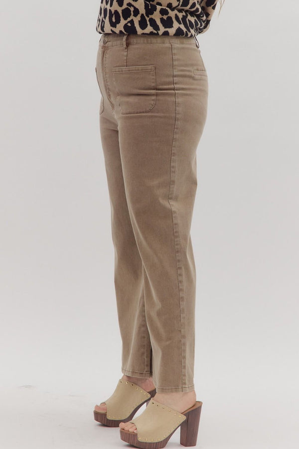 Solid High Waisted Wide Leg Ankle Length Pants Brown Curvy Fit