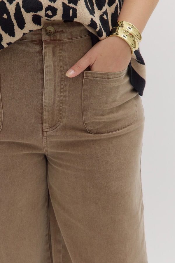 Solid High Waisted Wide Leg Ankle Length Pants Brown Curvy Fit