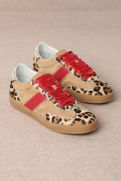 Dixie Side Strap-Lace-up Court Sneaker- Leopard, Red