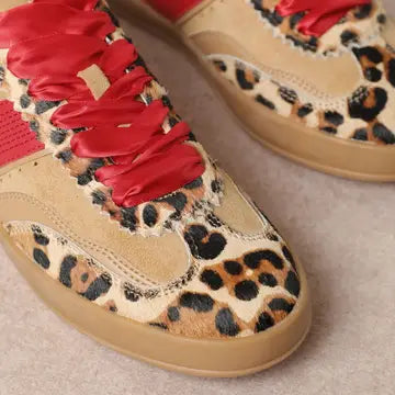 Dixie Side Strap-Lace-up Court Sneaker- Leopard, Red