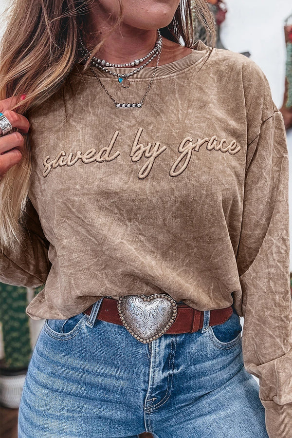 Saved by Grace Letter Embroidery Mineral Wash Loose Sweatshirt