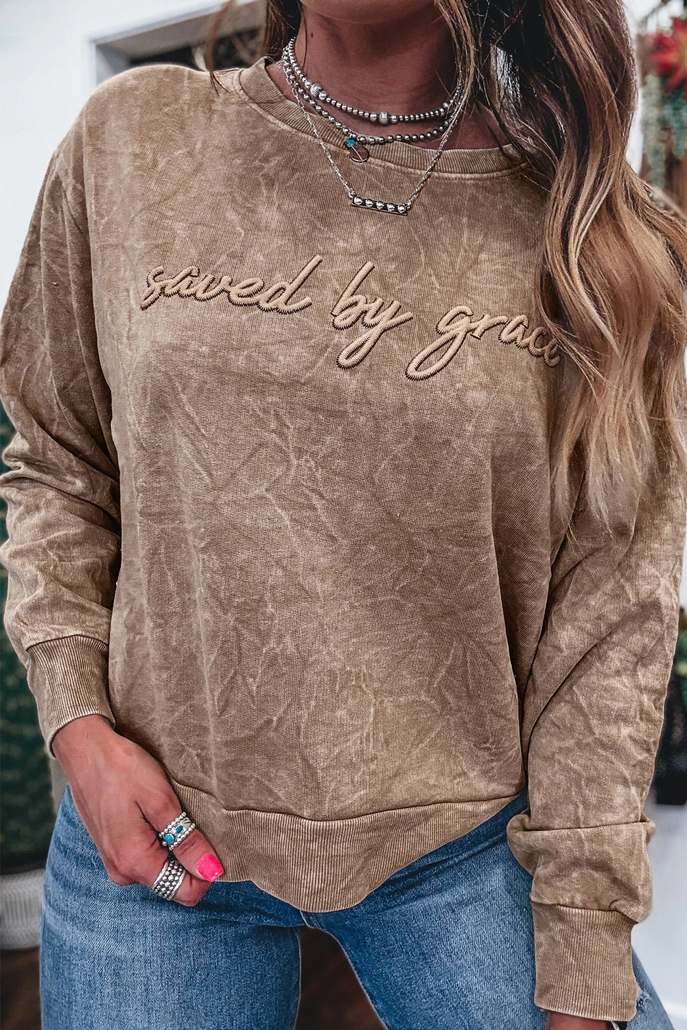Saved by Grace Letter Embroidery Mineral Wash Loose Sweatshirt