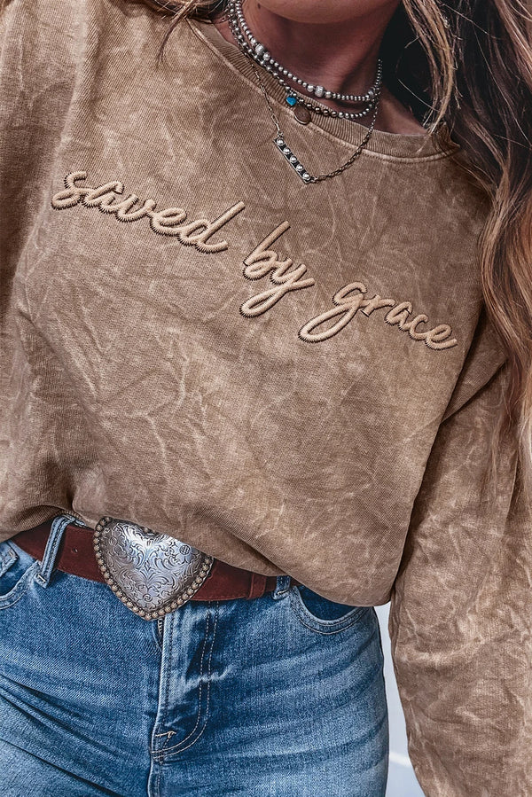 Saved by Grace Letter Embroidery Mineral Wash Loose Sweatshirt