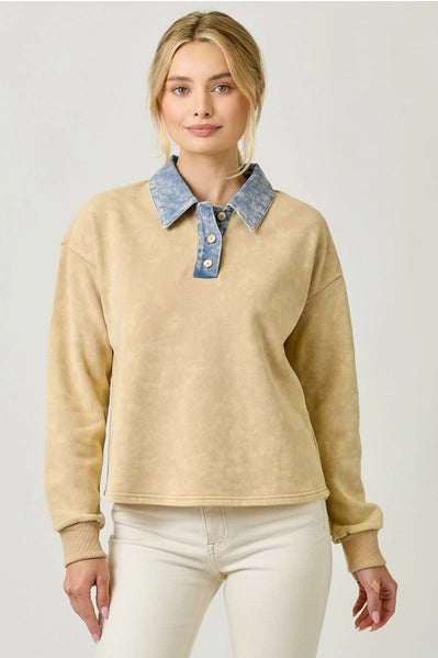 Denim Collar Washed Polo Shirt - 2 Colors
