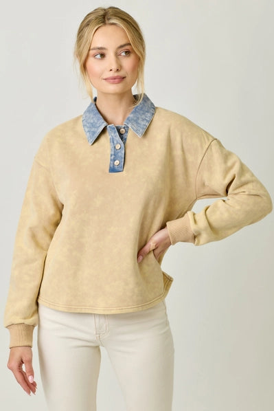 Denim Collar Washed Polo Shirt - 2 Colors
