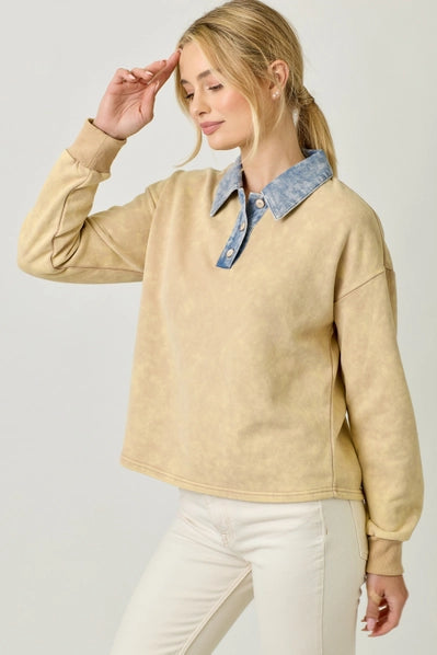Denim Collar Washed Polo Shirt - 2 Colors