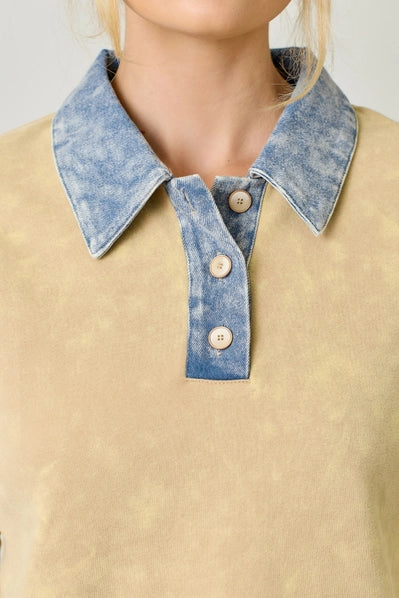 Denim Collar Washed Polo Shirt - 2 Colors