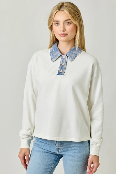 Denim Collar Washed Polo Shirt - 2 Colors