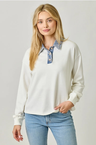 Denim Collar Washed Polo Shirt - 2 Colors