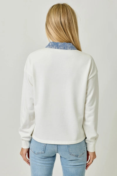 Denim Collar Washed Polo Shirt - 2 Colors