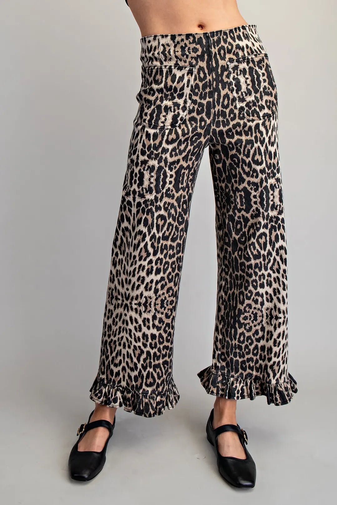 Leopard Zipper Back Ruffled Hem Pants