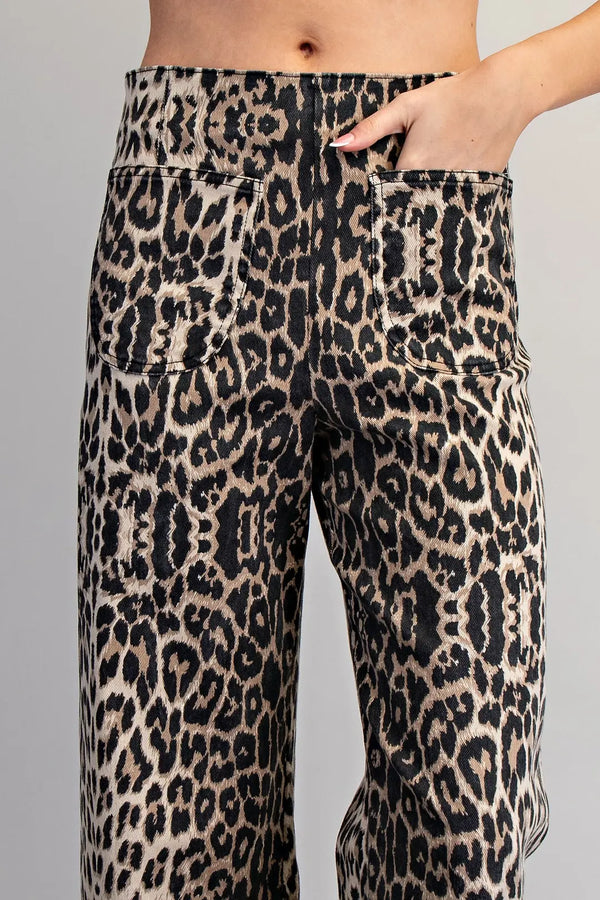 Leopard Zipper Back Ruffled Hem Pants