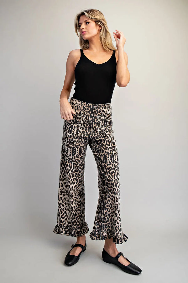 Leopard Zipper Back Ruffled Hem Pants