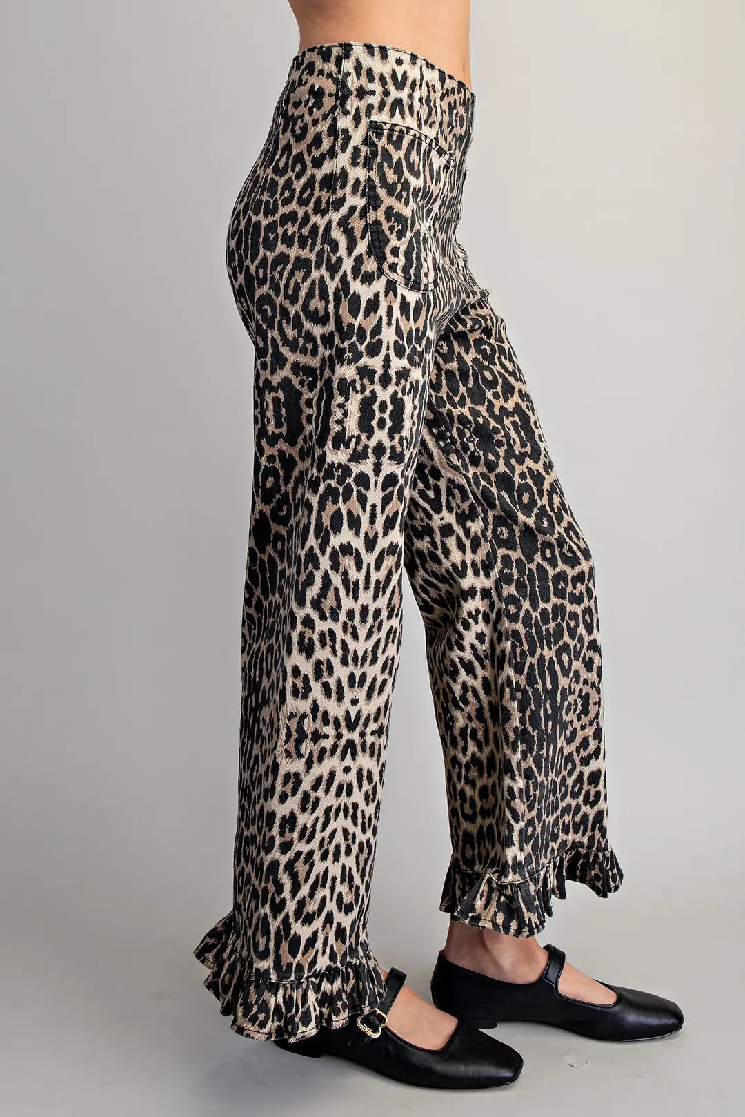 Leopard Zipper Back Ruffled Hem Pants
