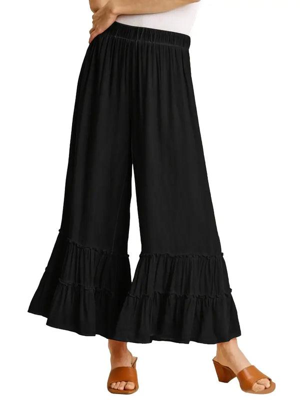 Elastic High Waisted Palazzo Pants - Wide Leg Ruffle - Black
