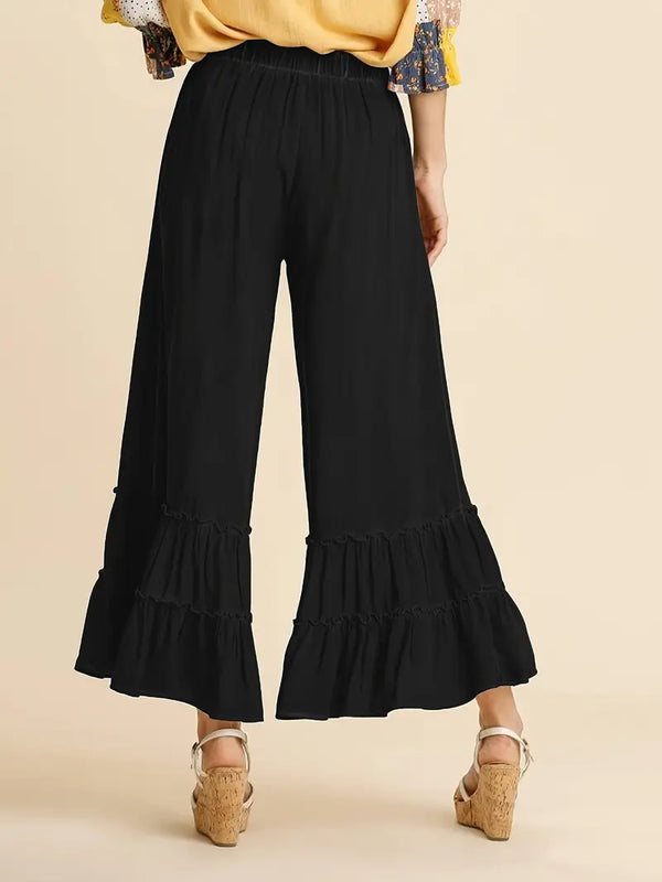 Elastic High Waisted Palazzo Pants - Wide Leg Ruffle - Black