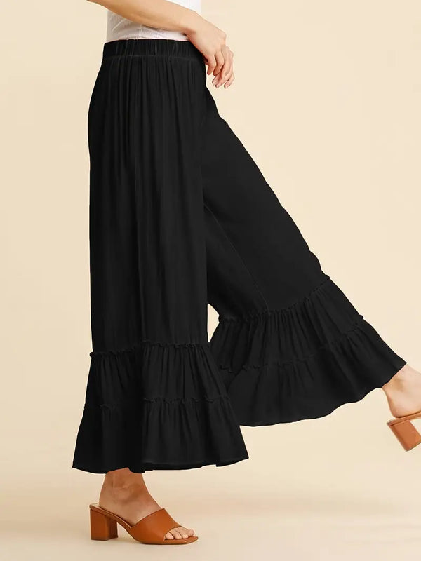 Elastic High Waisted Palazzo Pants - Wide Leg Ruffle - Black