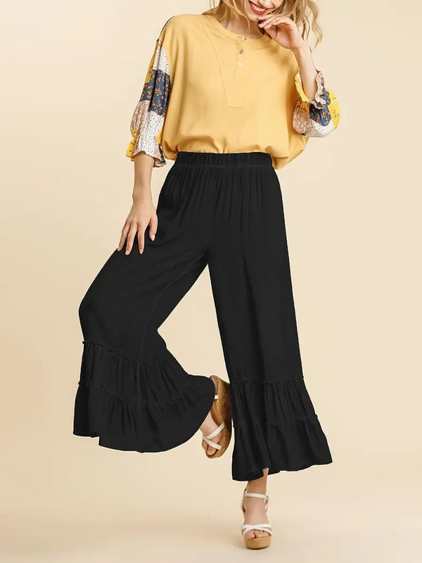 Elastic High Waisted Palazzo Pants - Wide Leg Ruffle - Black