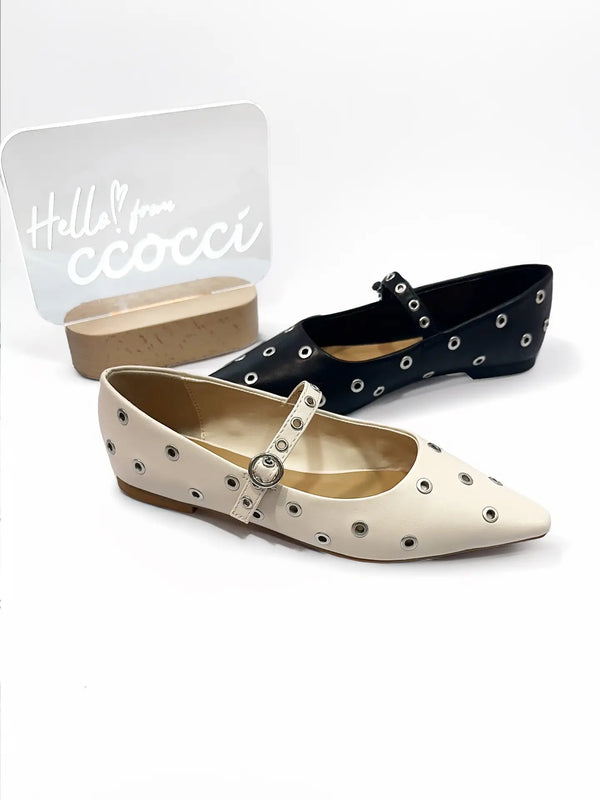 Eyelet Stud Decor Pointed Toe Ballet Flats - Cream