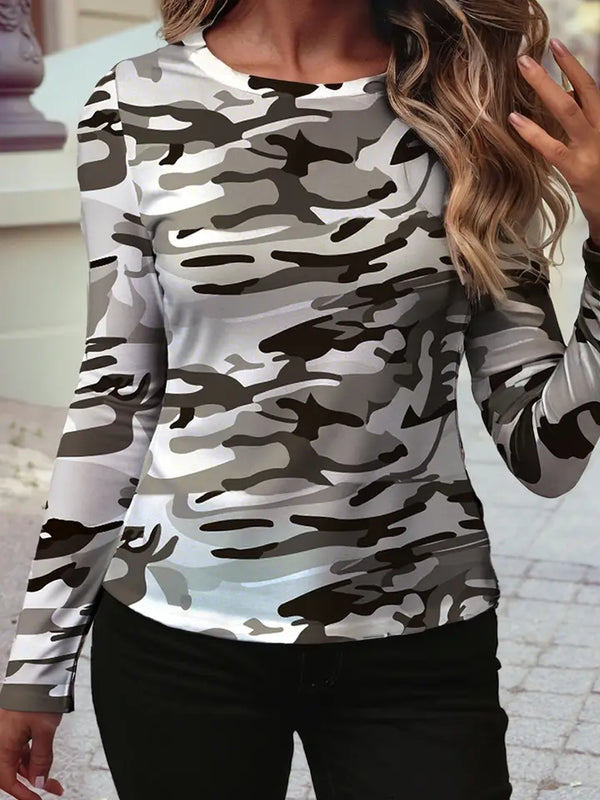 Fall Western Camouflage Print Mesh Long Sleeve Top