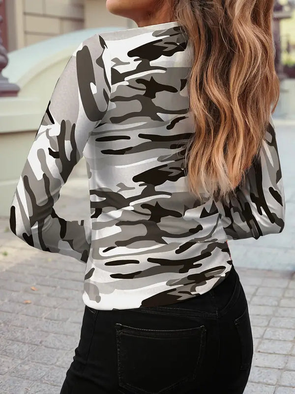 Fall Western Camouflage Print Mesh Long Sleeve Top