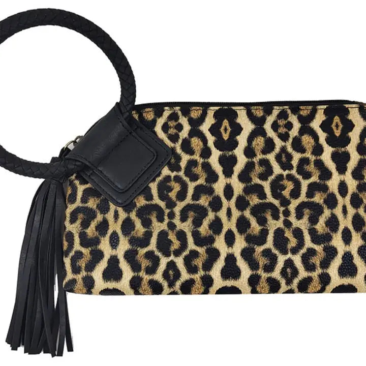 Fashion Cuff Handle Tassel Wristlet Clutch - Leopard