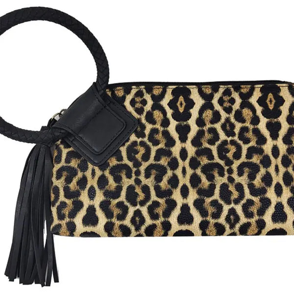 Fashion Cuff Handle Tassel Wristlet Clutch - Leopard