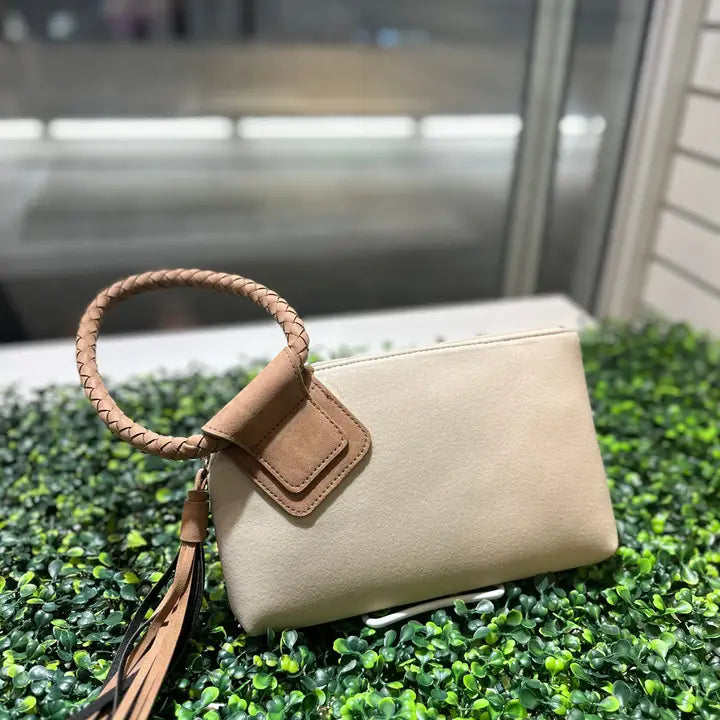 Faux Suede Cuff Handle Tassel Wristlet/Clutch