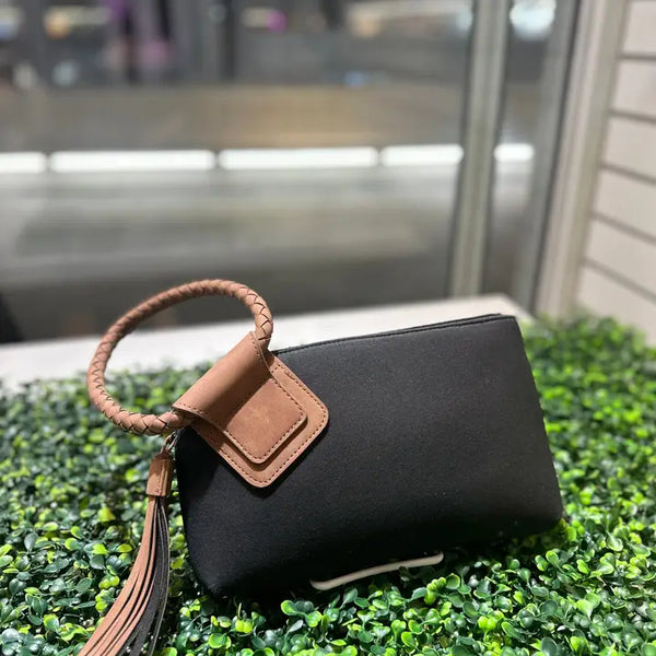 Faux Suede Cuff Handle Tassel Wristlet/Clutch