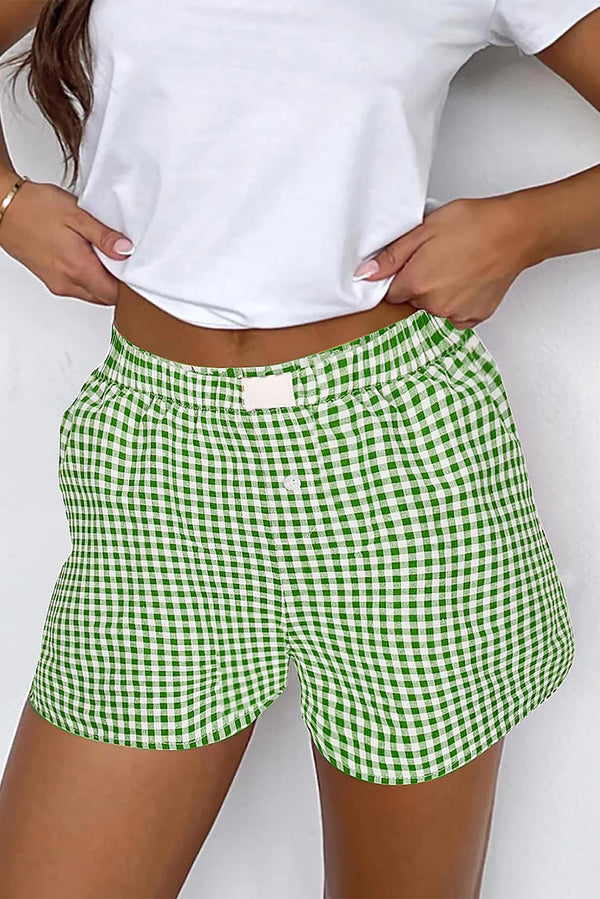 Fern Green Vintage Plaid Print High Waisted Loose Wide Leg Shorts