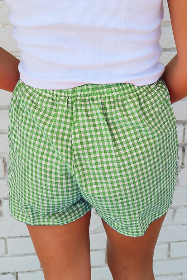 Fern Green Vintage Plaid Print High Waisted Loose Wide Leg Shorts