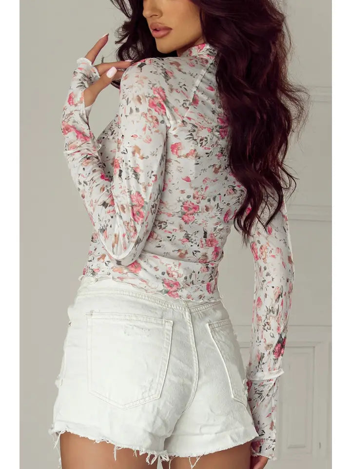 Floral Long Sleeve High Neck Sheath Mesh Blouse