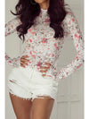Floral Long Sleeve High Neck Sheath Mesh Blouse