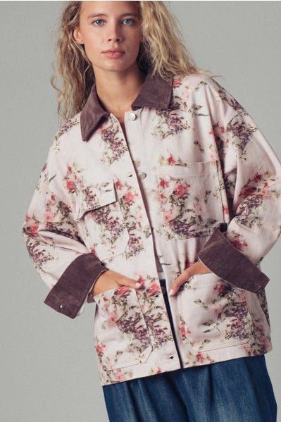 Floral Print Oversized Jacket with Contrast Collar