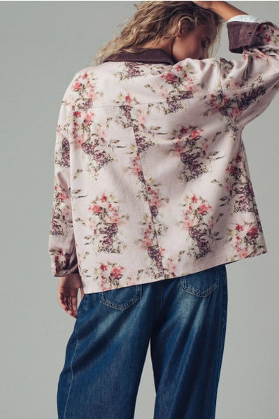 Floral Print Oversized Jacket with Contrast Collar