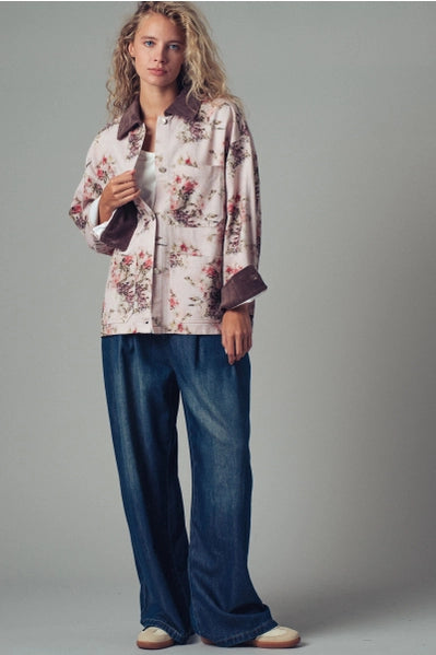 Floral Print Oversized Jacket with Contrast Collar