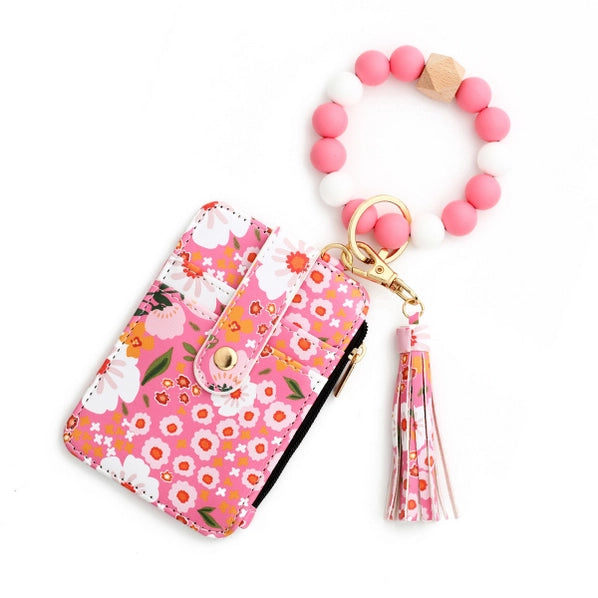 Floral Beaded Bracelet Keychain Card Holder Wallet